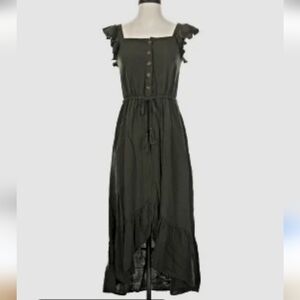 Elegant Olive High Low Dress with Ruffle Sleeves